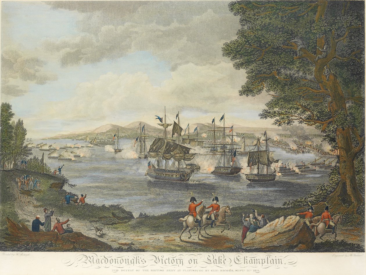 انتصار MacDonough على بحيرة Champlain ، وهزيمة الجيش البريطاني في Plattsburg من قبل Genl Macomb ، Septr 11th 1814 ، منقوش بواسطة B. Tanne ، 1816 بواسطة هنري ريناغل