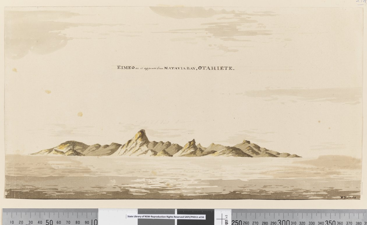 الصفحة 25aa Eimeo كما تظهر من خليج Matavai ، Otahiete ، 1768-75 (قلم وحبر وغسل) بواسطة هنري روبرتس