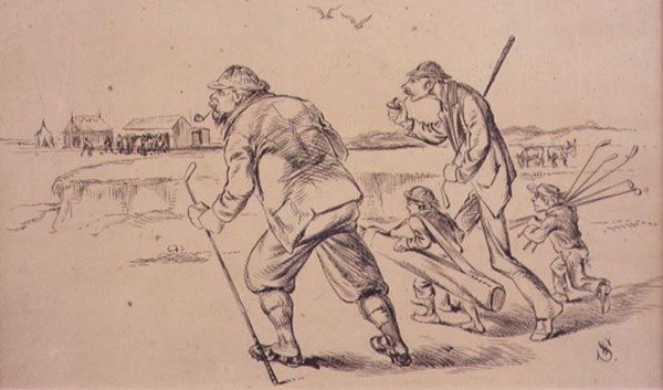 انطلاق لاعبي الجولف للتدرب على الشاطئ ، رسم توضيحي من مجلة "Graphic" ، حانة. ج 1870 (ليثو) بواسطة هنري ساندركوك