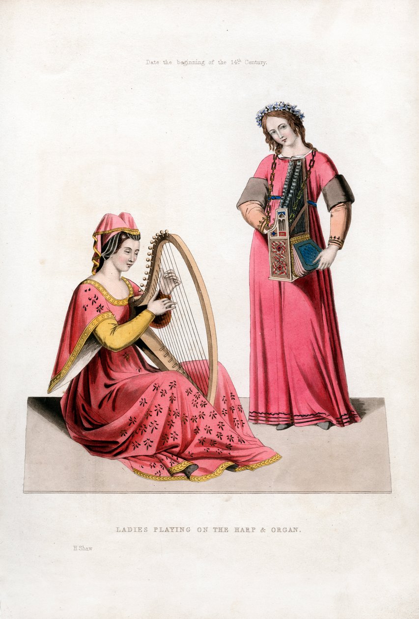 السيدات يلعبن على القيثارة والعضو ، أوائل القرن الرابع عشر ، 1843. بواسطة هنري شو