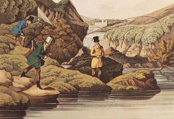 صيد سمك السلمون ، auqatinted بقلم I. CLark ، حانة. بقلم توماس ماكلين ، 1820 (أكواتينت) بواسطة هنري توماس الكين