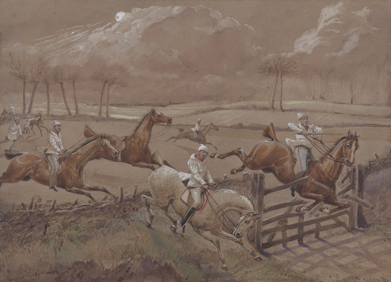 الحقل الأخير بالقرب من Nacton Heath ، اللوحة 3 ، من The First Steeple Chase on Record ، محفورة بواسطة J. Harris ، طبعها أكرمان ، لندن عام 1839 (ألوان مائية) بواسطة هنري توماس الكين