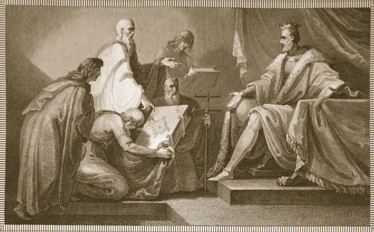 قدم كتاب Doomsday إلى William the I ، الذي نقشه J. Fittler ، رسم توضيحي من حانة ديفيد هيوم "تاريخ إنجلترا" ، الحانة. بقلم ر. بوير ، لندن ، 1812 بواسطة هنري تريشام