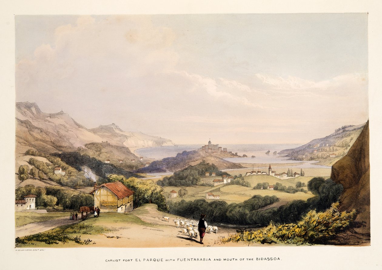 Carlist Fort ، El Parque ، مع Fontarabia و Mouth of the Bidassoa ، من اسكتشات للمناظر الطبيعية في مقاطعات الباسك في إسبانيا ، مع مجموعة مختارة من الموسيقى الوطنية؟ 1838 (نقش يدوي) بواسطة هنري ويلكنسون