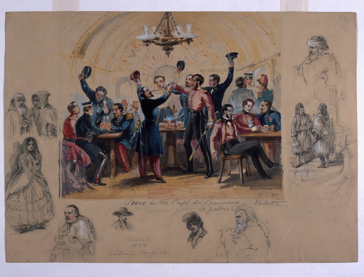 مشهد في مقهى du Commerce Valetta ، "الموت من أجل الوطن" ، مالطا ، 1854 (مرحاض وقلم رصاص على ورق) بواسطة هنري ويلكنسون