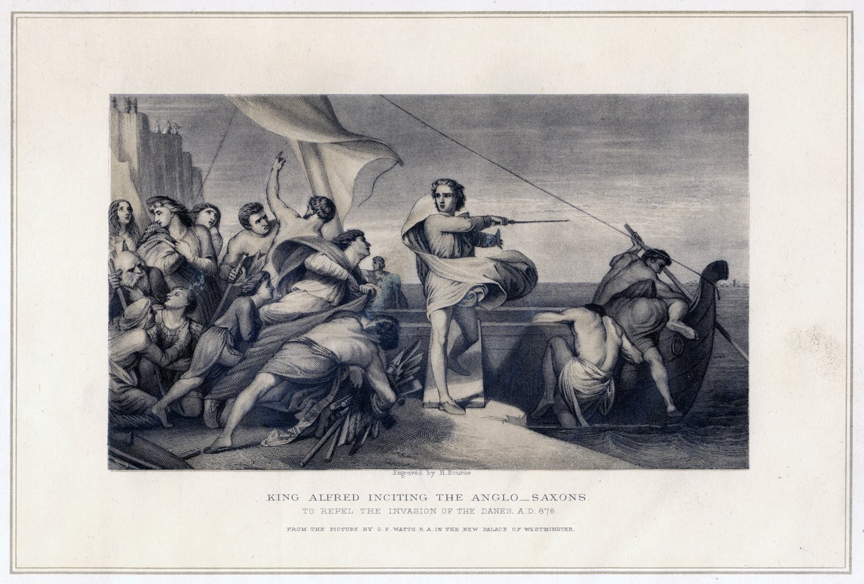 الملك ألفريد يحرض الأنجلو ساكسون على صد غزو الدنماركيين ، 896 ، c1847 بواسطة هربرت بورن