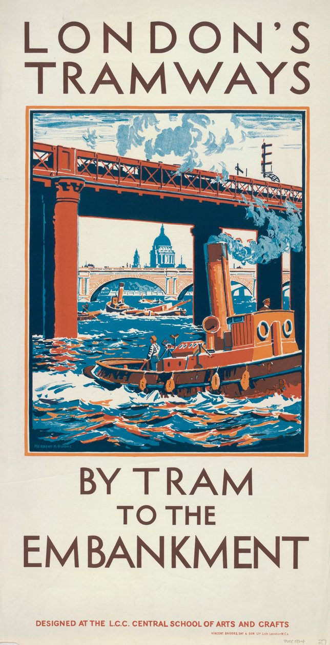 "بواسطة Tram to the Embankment" ، ملصق مجلس مقاطعة لندن LCC Tramways ، 1924 بواسطة هربرت كير روك