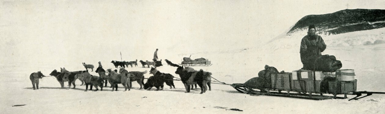 Meares و Demetri مع فرق الكلاب الخاصة بهم مغادرة نقطة الكوخ ، c1911 ، 1913 بواسطة هربرت بونتينج