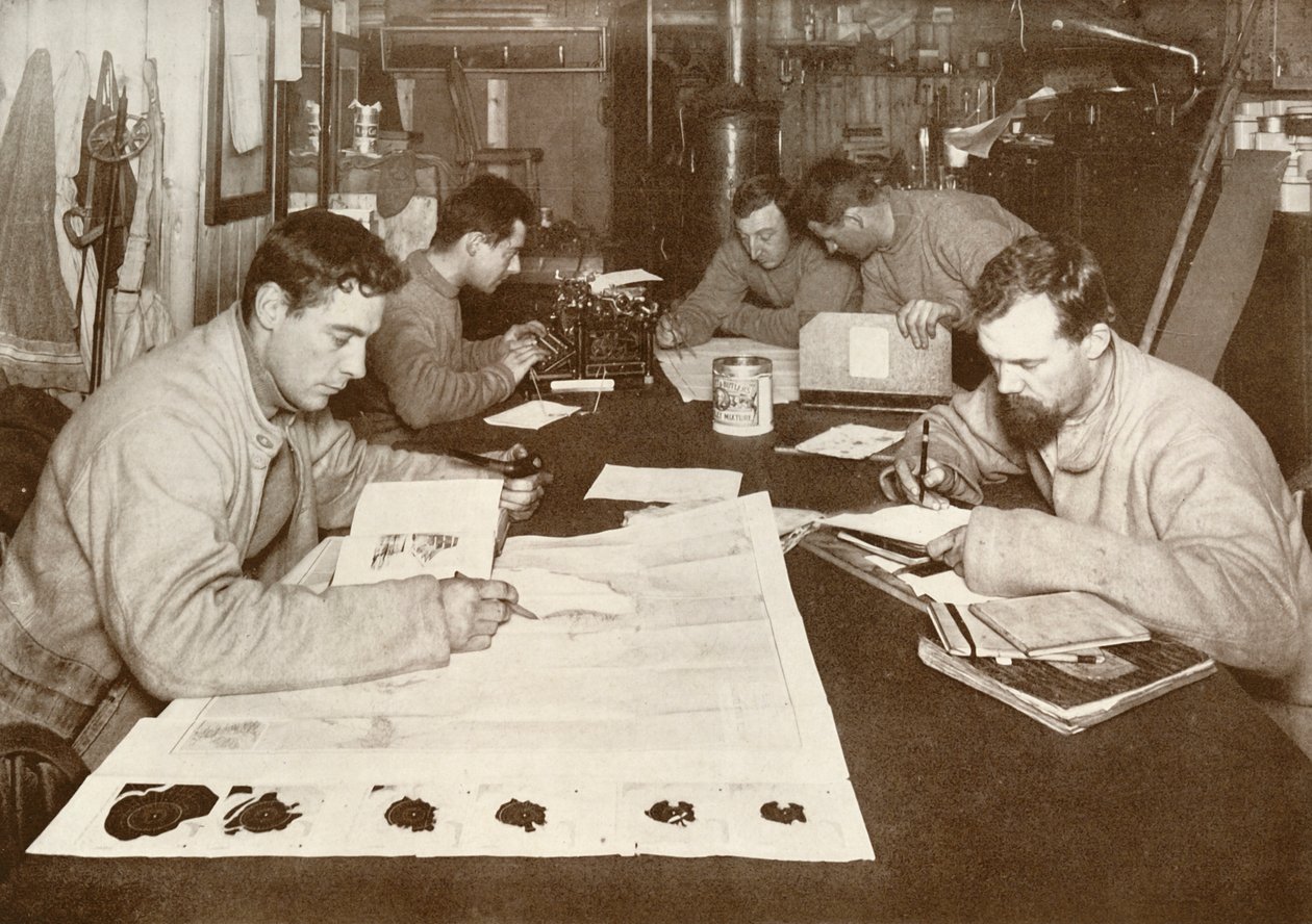 العمل الشتوي من اليسار إلى اليمين - Debenham ، Cherry-Garrard ، Bowers ، Evans ، Taylor ، c1911 ، 1913 بواسطة هربرت بونتينج