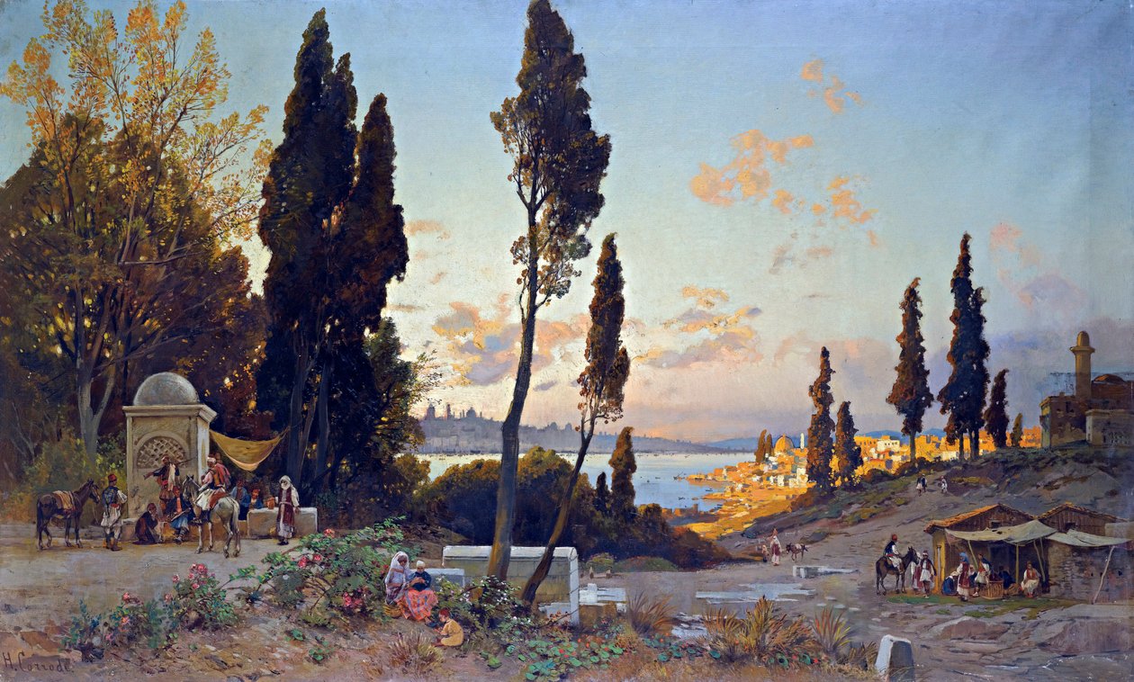 Vue du Bosphore a Constantinople - Peinture de Hermann David Salomon Corrodi (1844-1905) ، الاستشراق - مناظر عبر مضيق البوسفور ، القسطنطينية - زيت على قماش رسمه هيرمان ديفيد سالومون كورودي (1844-1905) - 100x166،5 سم - مجموعة خاصة بواسطة هيرمان ديفيد سالومون كورودي