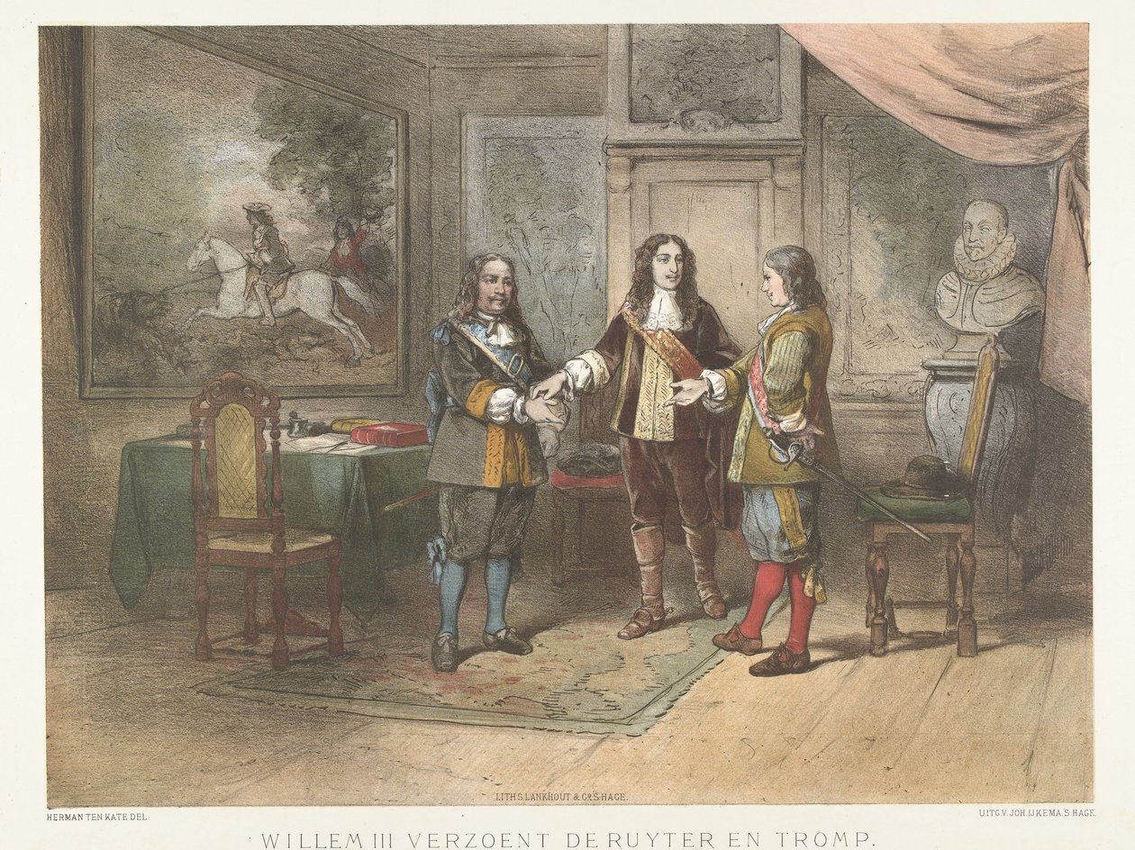 الأمير ويليام الثالث يصالح مع ميشيل دي رويتر وكورنيليس ترومب ، 1673 ويليام الثالث يوفق بين دي رويتر وترومب (العنوان على الكائن) بواسطة هيرمان فريدريك كاريل تن كيت