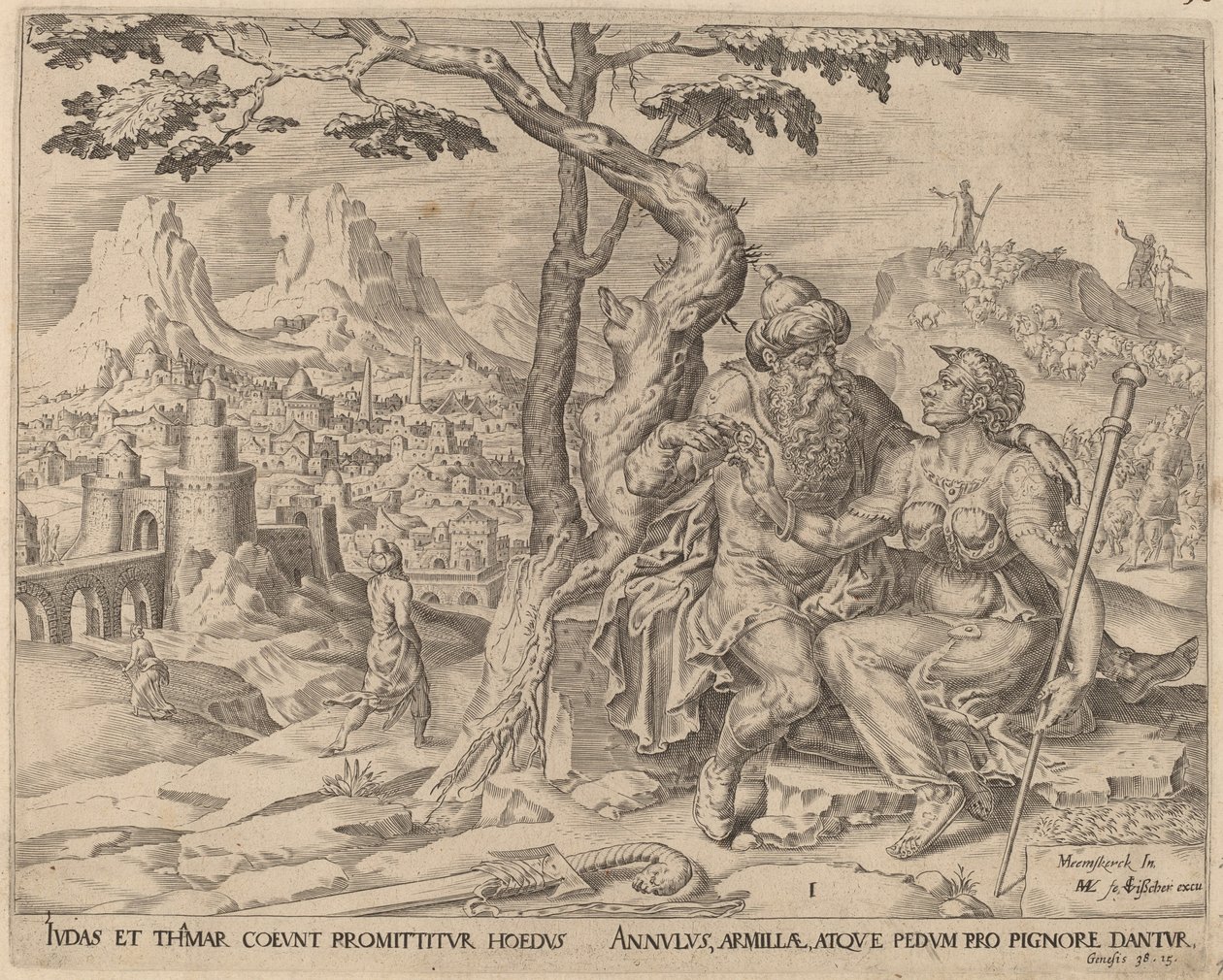 يهوذا يعطي ثامار العهد بواسطة هيرمان يانز مولر بعد Maerten van Heemskerck
