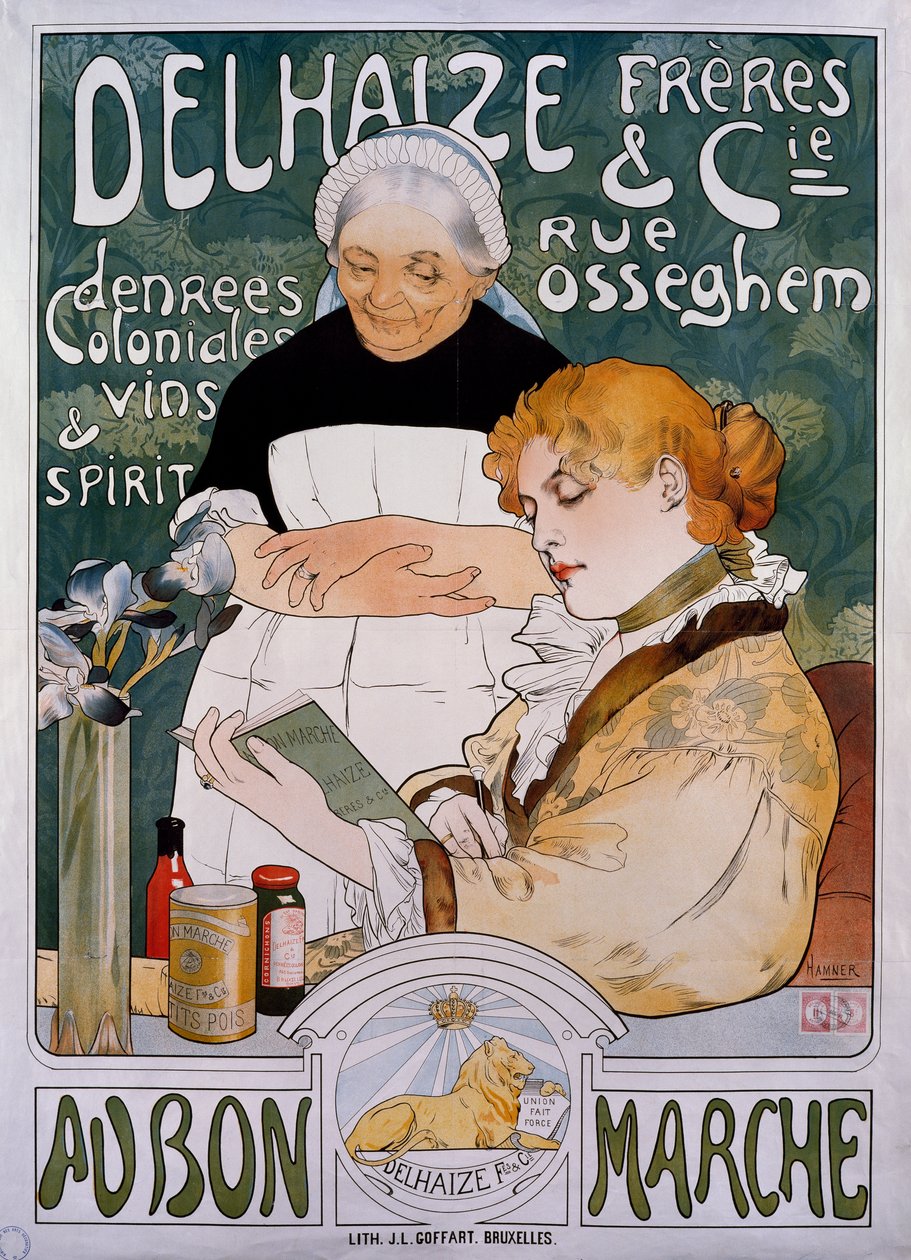 Lady and maid, poster for company Delhaize Freres et Cie au bon marche بواسطة هيرمان ريتشير