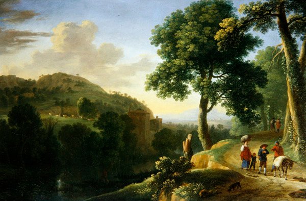 منظر طبيعي إيطالي مع مسافرين وحمار ، حوالي عام 1640 (زيت على قماش) بواسطة هيرمان فان سوانفيلت