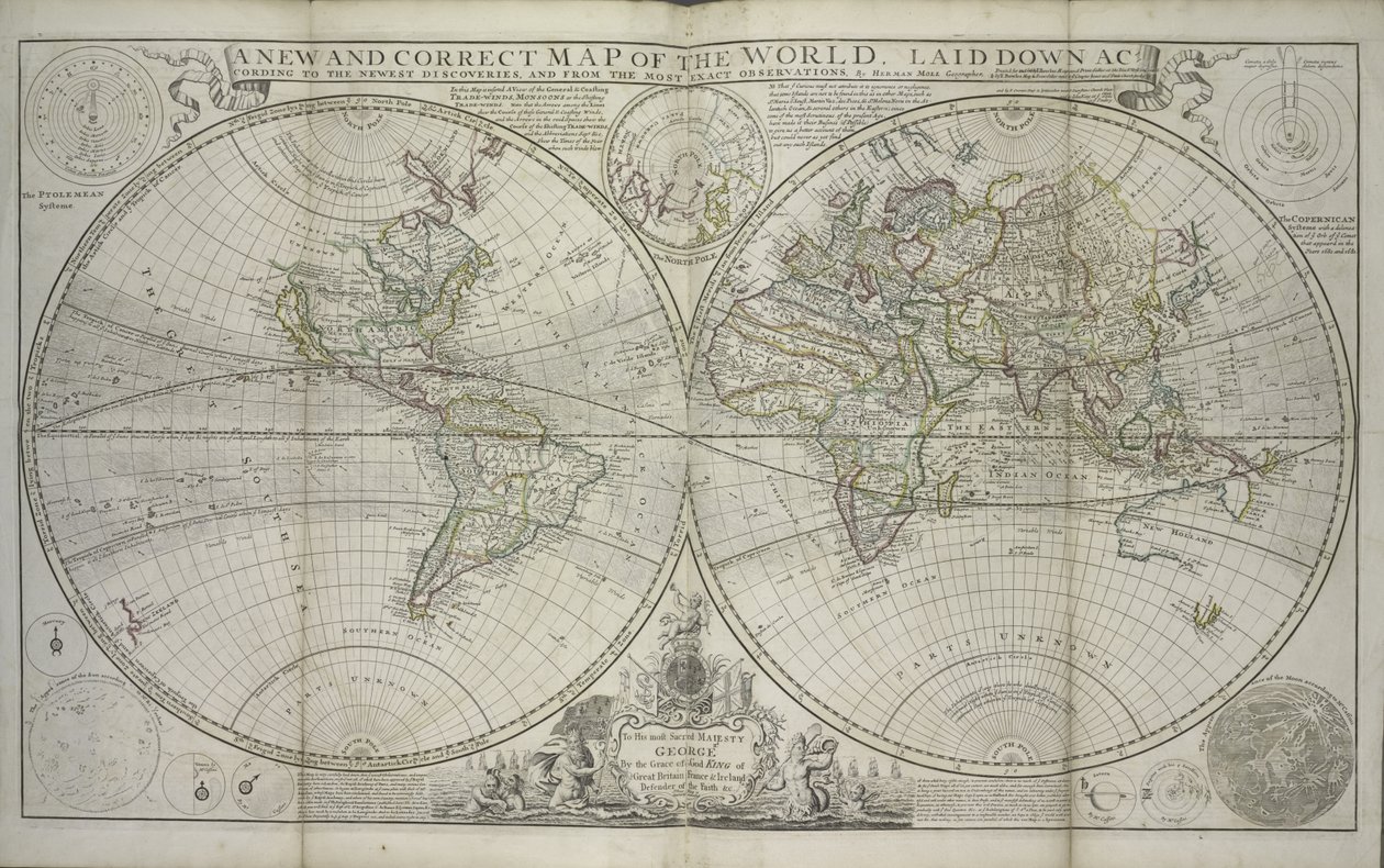 خريطة جديدة وصحيحة للعالم موضوعة وفقًا لأحدث الاكتشافات ومن أدق الملاحظات ، 1736 (طباعة ملونة باليد) بواسطة هيرمان مول