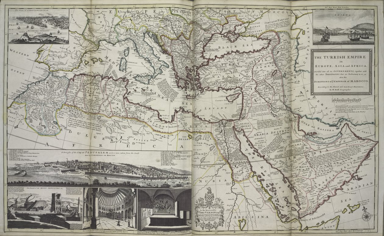 الإمبراطورية التركية في أوروبا وآسيا وأفريقيا ، 1736 (طباعة ملونة باليد) بواسطة هيرمان مول