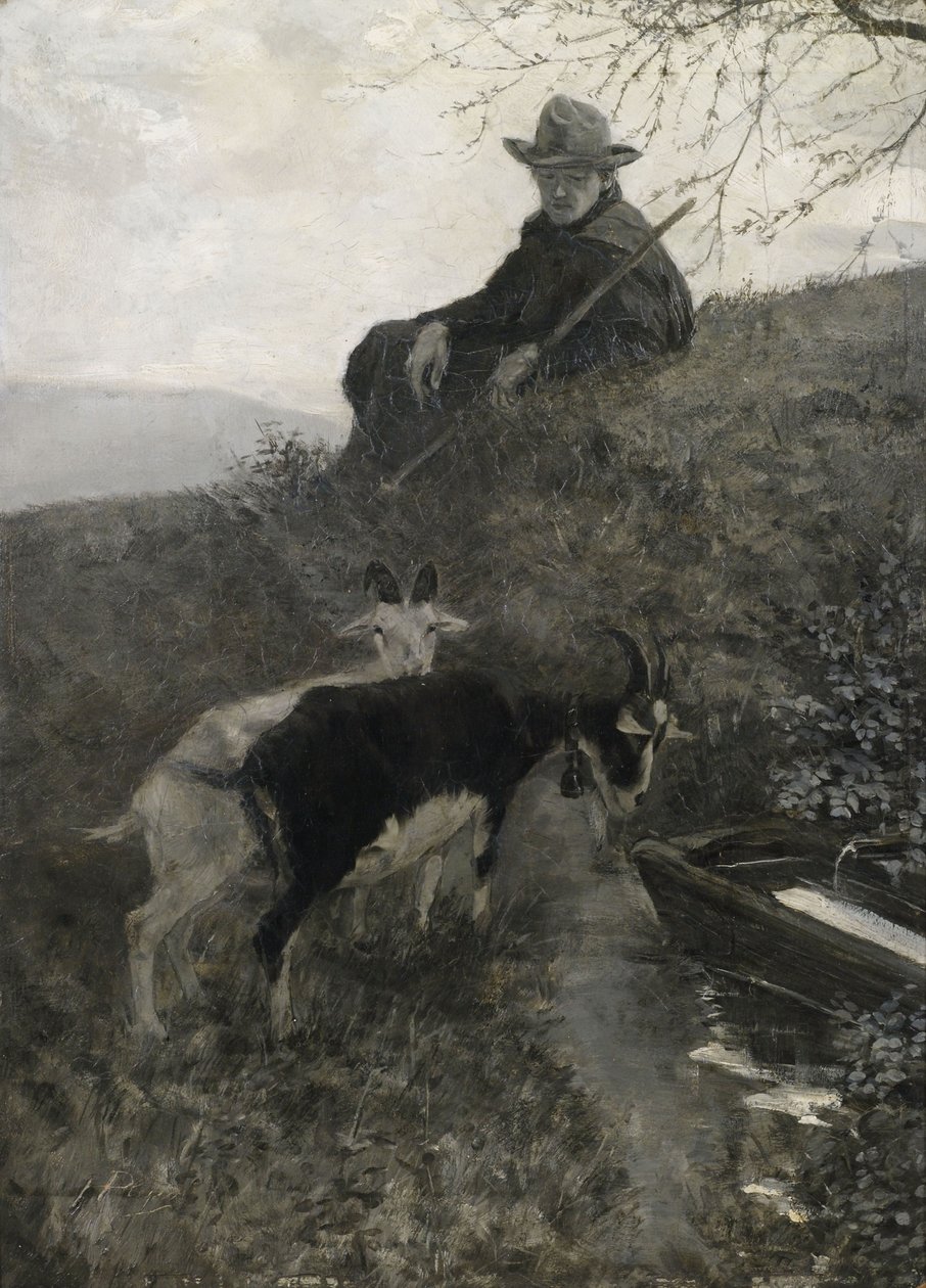 Goatherd مع الحيوانات في حوض للشرب بواسطة هيرمان بليور