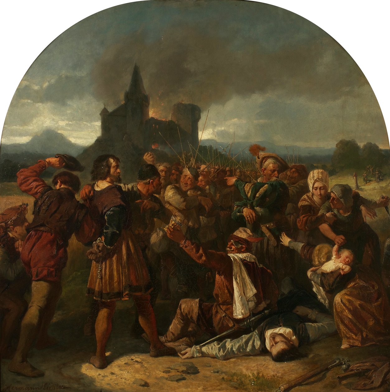 حلقة من حرب الفلاحين الألمان مقتل الكونت هيلفنشتاين بالقرب من وينسبيرج ، حوالي عام 1867. بواسطة هيرمان ايشلر