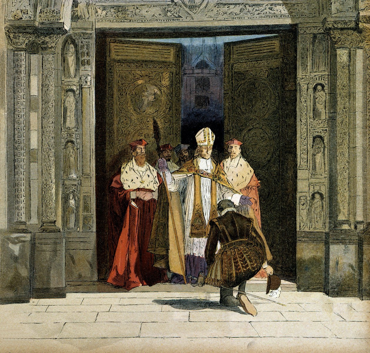 نبذ هنري الرابع (1553-1610) في دير القديس دينيس في حضور قوس بورج ، رينود دي بون (1527-1606). نبذ الملك البروتستانتية في 25 يوليو 1593. رسم هرمان فوغل (1856-1918) في "" هنري الرابع " بواسطة هيرمان فوجل