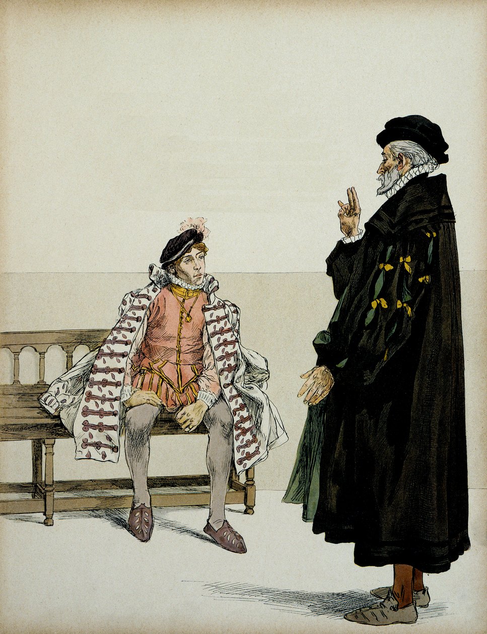 هنري الرابع (1553-1610) قبل أستاذه لا غوشري. رسم إيضاحي لهيرمان فوجل (1856-1918) في "" هنري الرابع " بواسطة هيرمان فوجل