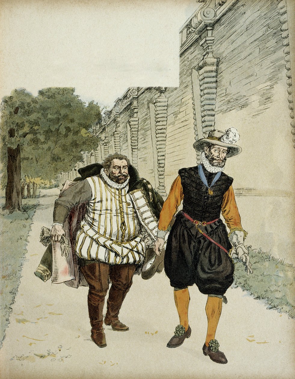 Henry IV (1553-1610) and Charles de Lorraine, Duke of Mayenne (1554-1611). First reconciliatory interview between the two enemies, Mayenne, leader of the legueurs and the king, in the gardens of the Chateau de Montceaux, in the Brie, in 1596. Illustration بواسطة هيرمان فوجل