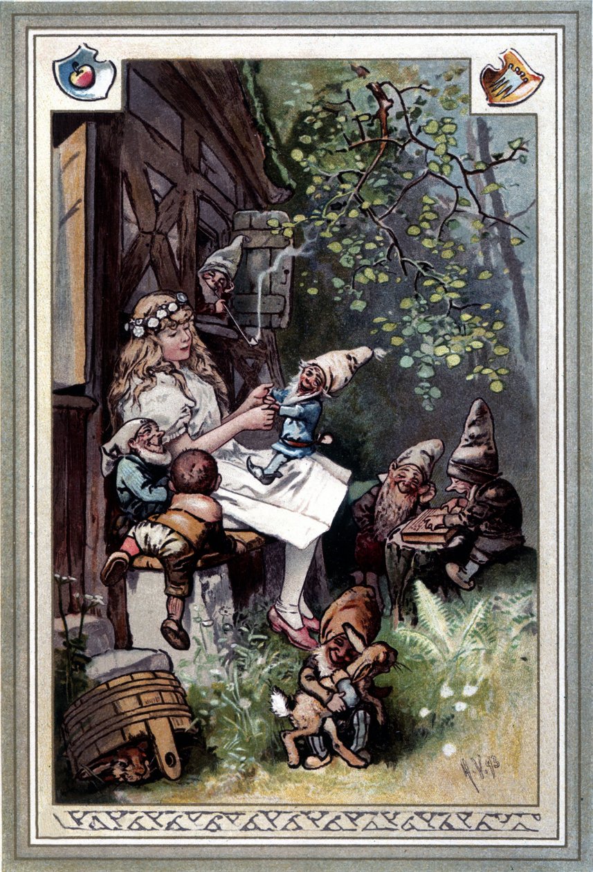 Kinder und hausmarchen (قصة الطفولة والمنزل) (1812): خرافات الأخوين جريم. غلاف هيرمان فوغل 1894 يصور بياض الثلج والأقزام السبعة. بواسطة هيرمان فوجل