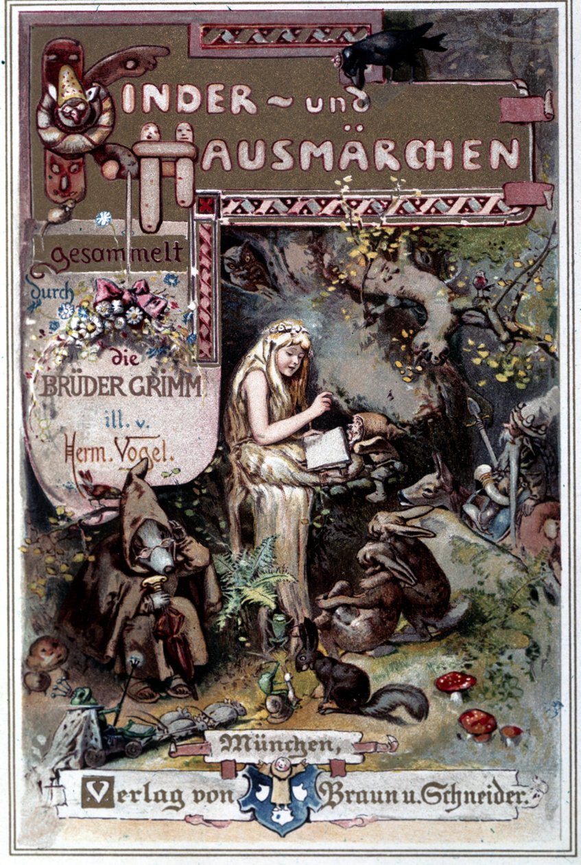 Kinder und hausmarchen (حكاية الطفولة والمنزل) 1812: خرافات الأخوان جريم. غطاء هيرمان فوغل من عام 1894 يصور بياض الثلج. بواسطة هيرمان فوجل