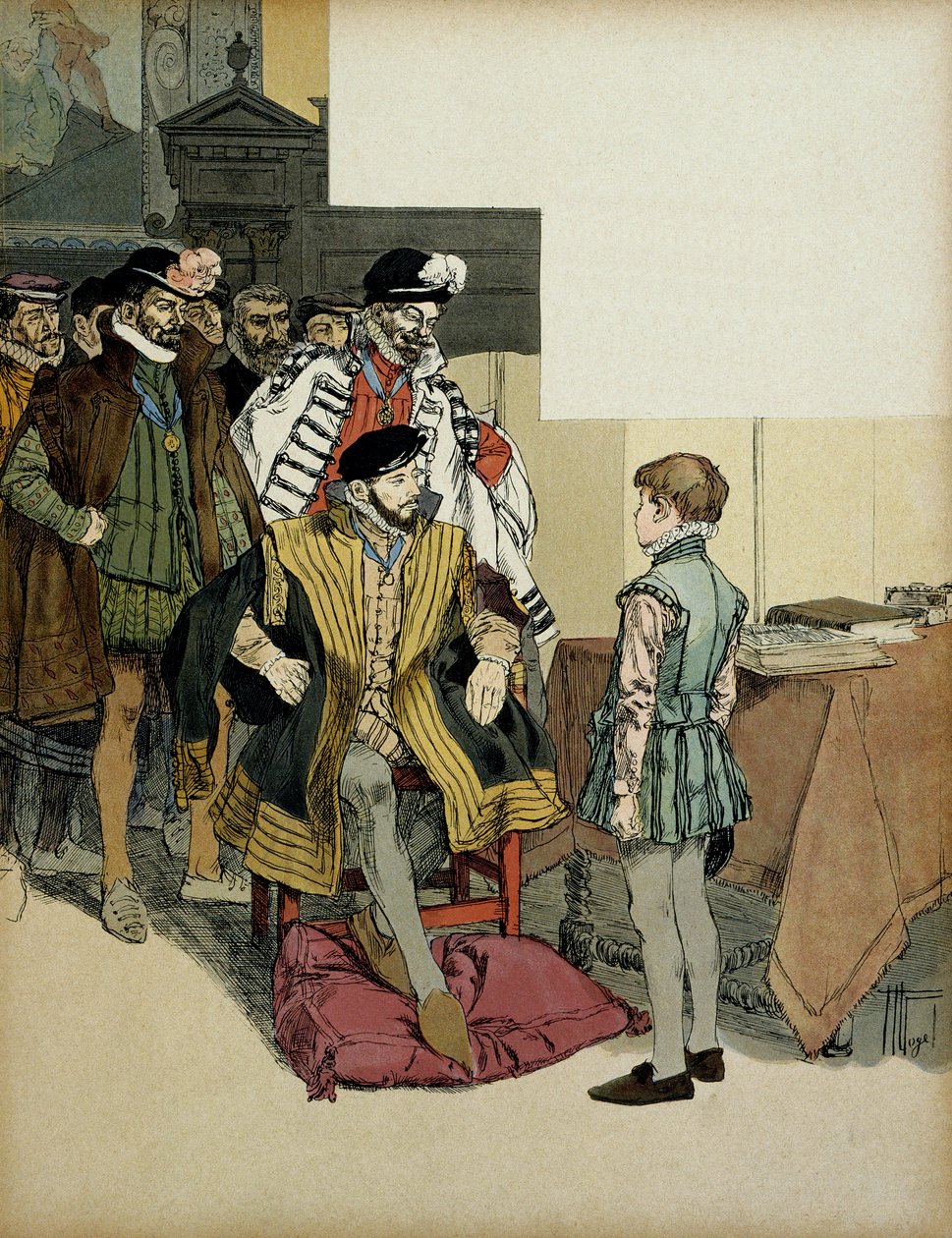 The King of France Henri II (1519-1559) surrounded by his gentlemen likes to question Henry IV (1553-1610) as a child for his reparts. Illustration by Hermann Vogel (1856-1918) in “” Henri IV”” بواسطة هيرمان فوجل