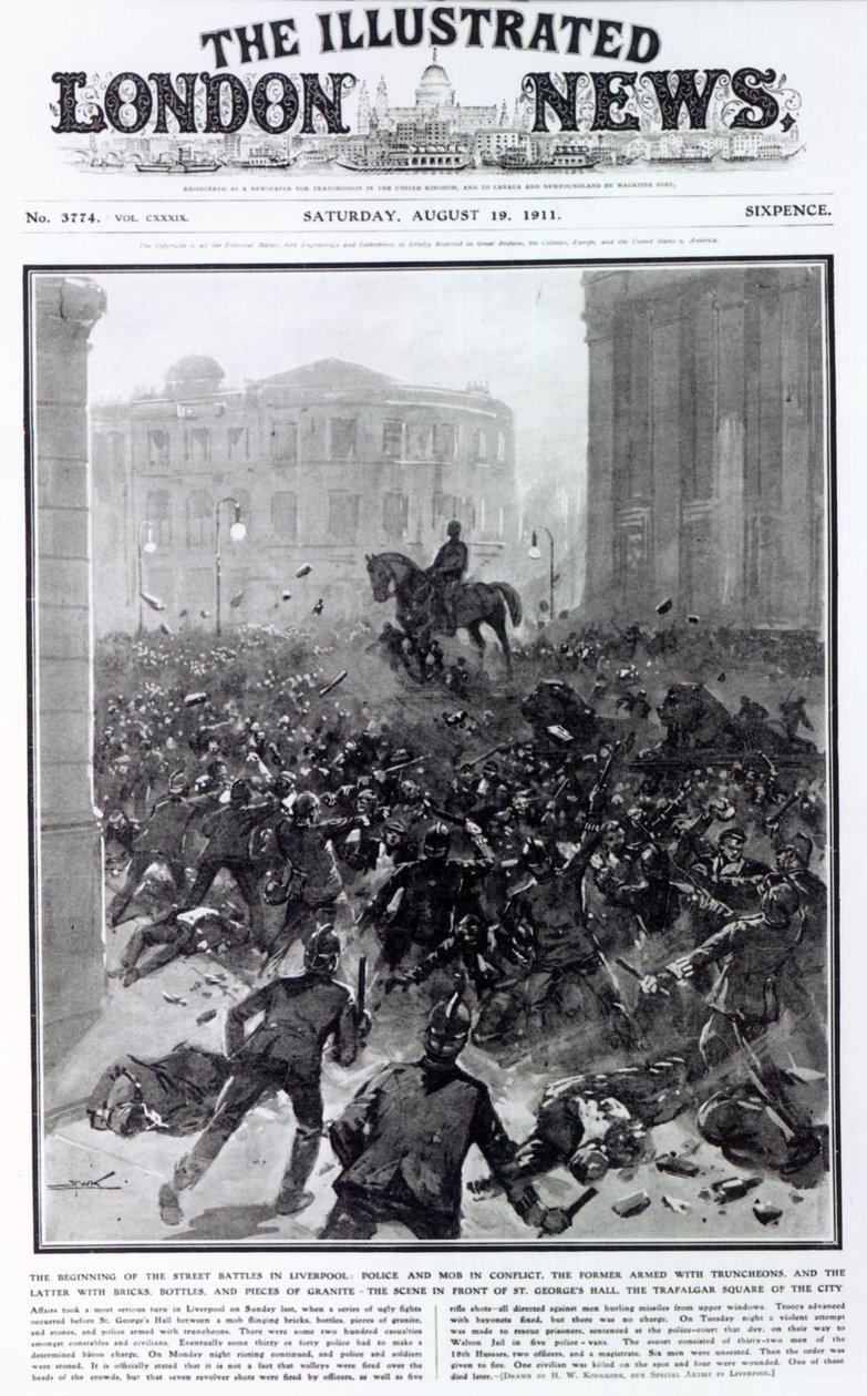 القتال في إضراب النقل العام في ليفربول ، غلاف "أخبار لندن المصورة" ، 19 أغسطس 1911 (طباعة) بواسطة هيرمانوس ويليم كوكوك
