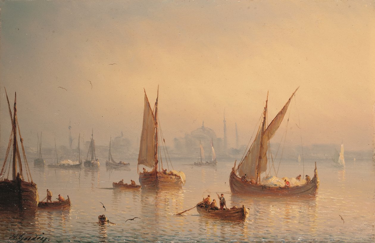 سفن على مضيق البوسفور وخلف مسجد آيا صوفيا (زيت على اللوح) بواسطة Herminie أو Henriette (fl 1849 53) Gudin