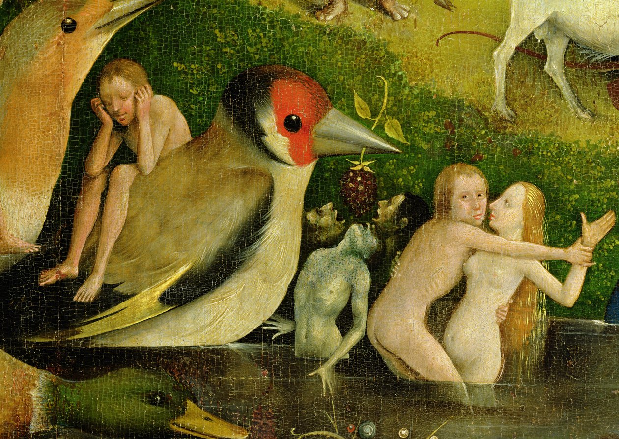 The Garden of Earthly Delights: Allegory of Luxury ، لوحة مركزية ثلاثية ، تفاصيل للزوجين في الماء والطيور ، c.1500 (تفاصيل 420) بواسطة هيرونيموس بوش