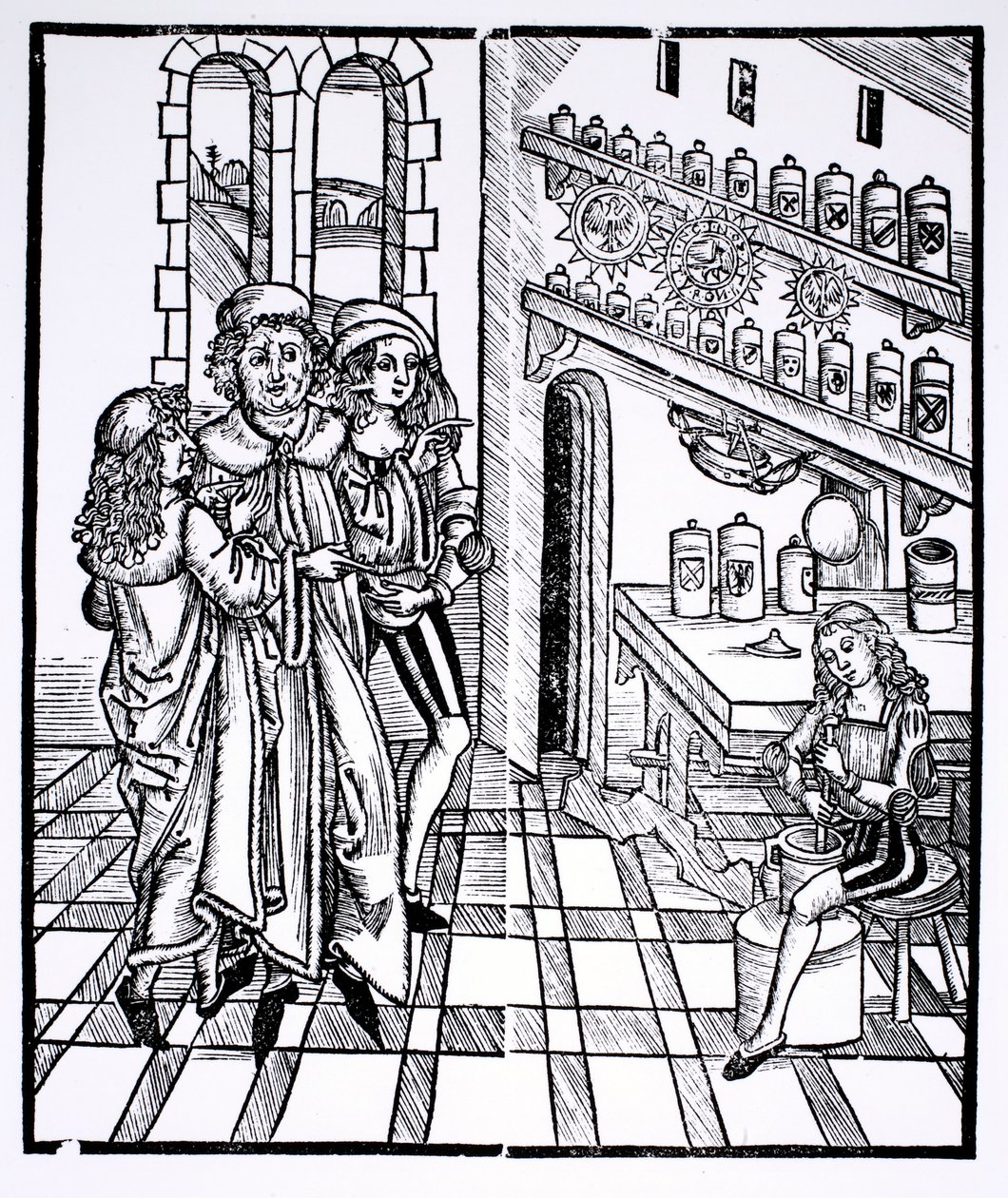 متجر Apothecary ، من كتاب The Cirugia نشر ستراسبورغ ، 1497 بواسطة هيرونيموس برونشويغ