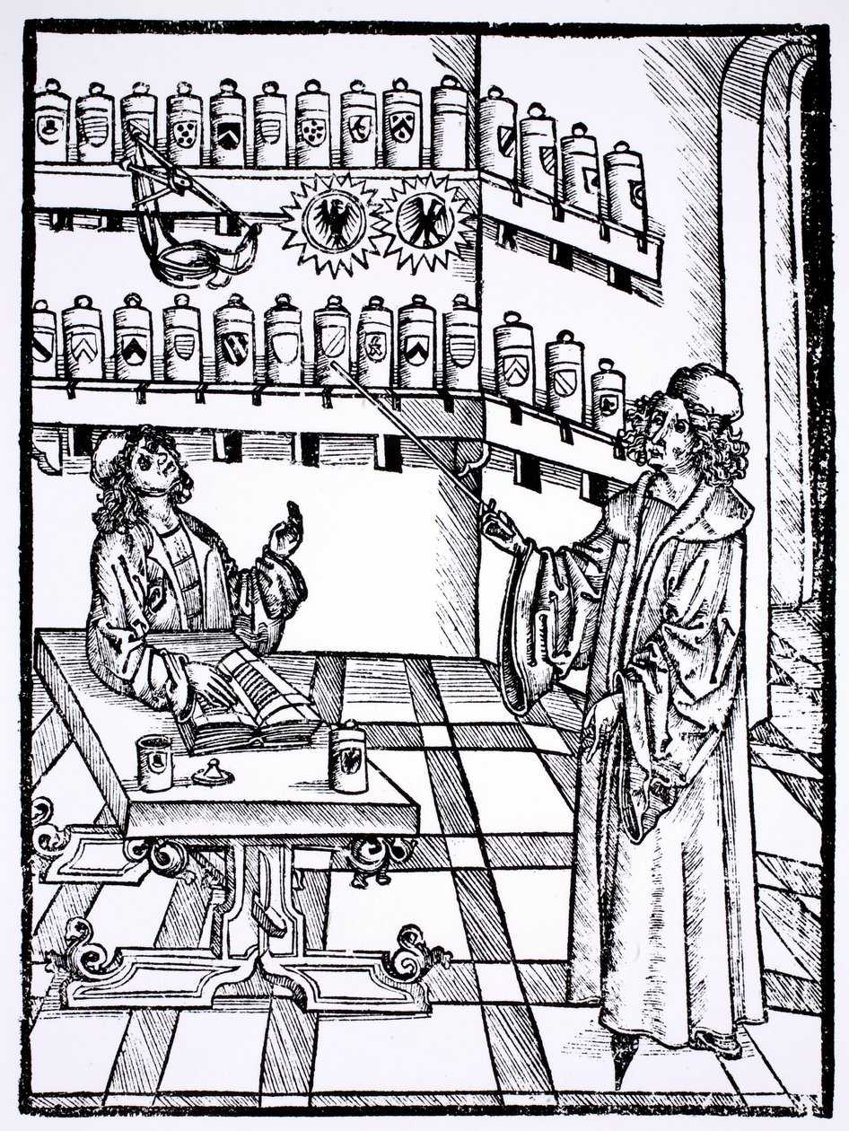 متجر Apothecary ، من كتاب The Cirugia ، نشر ستراسبورغ عام 1497 بواسطة هيرونيموس برونشويغ