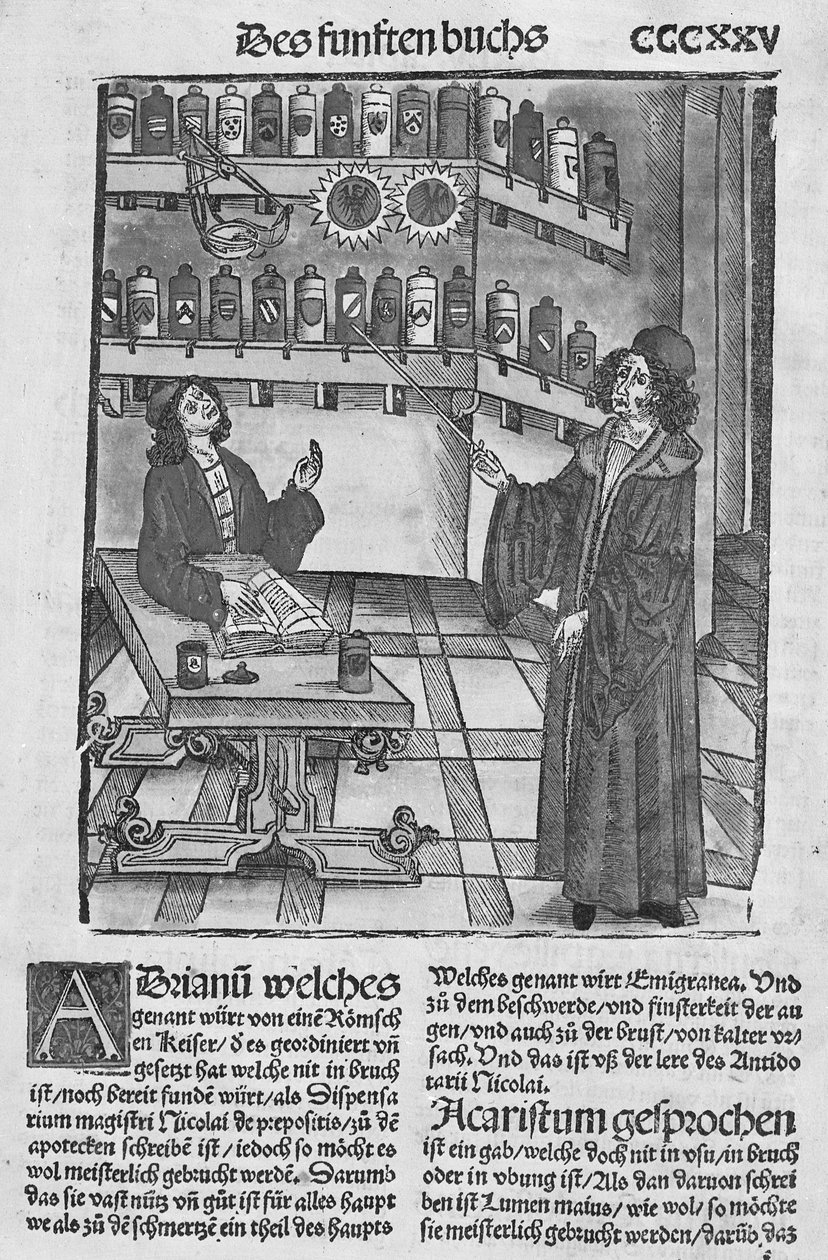 متجر Apothecary ، من كتاب The Cirugia نشر ستراسبورغ ، 1497 بواسطة هيرونيموس برونشويغ