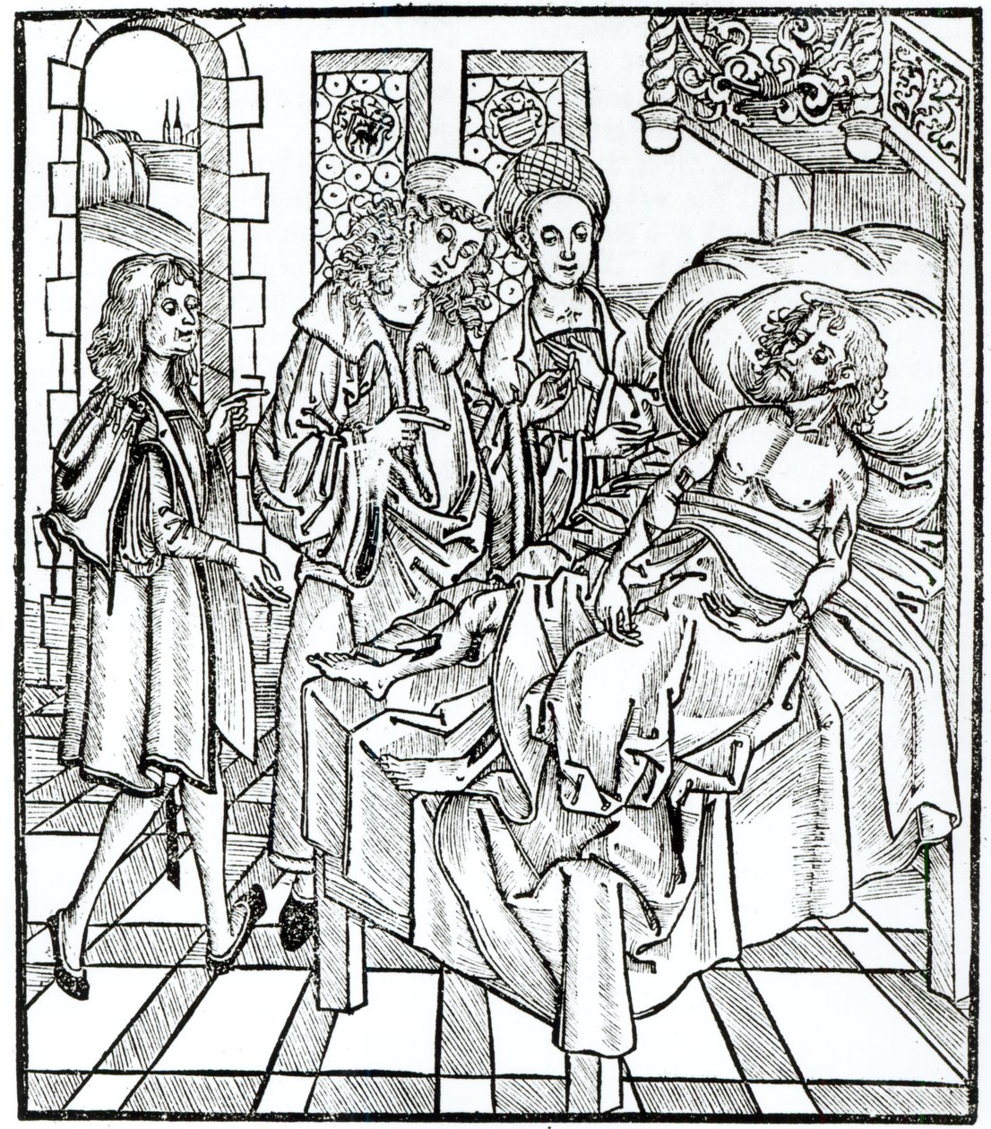 الجراحون والمساعدون يزورون رجلًا مصابًا بجروح خطيرة ، من Das Buch der Cirugia نشر ستراسبورغ ، 1497 بواسطة هيرونيموس برونشويغ