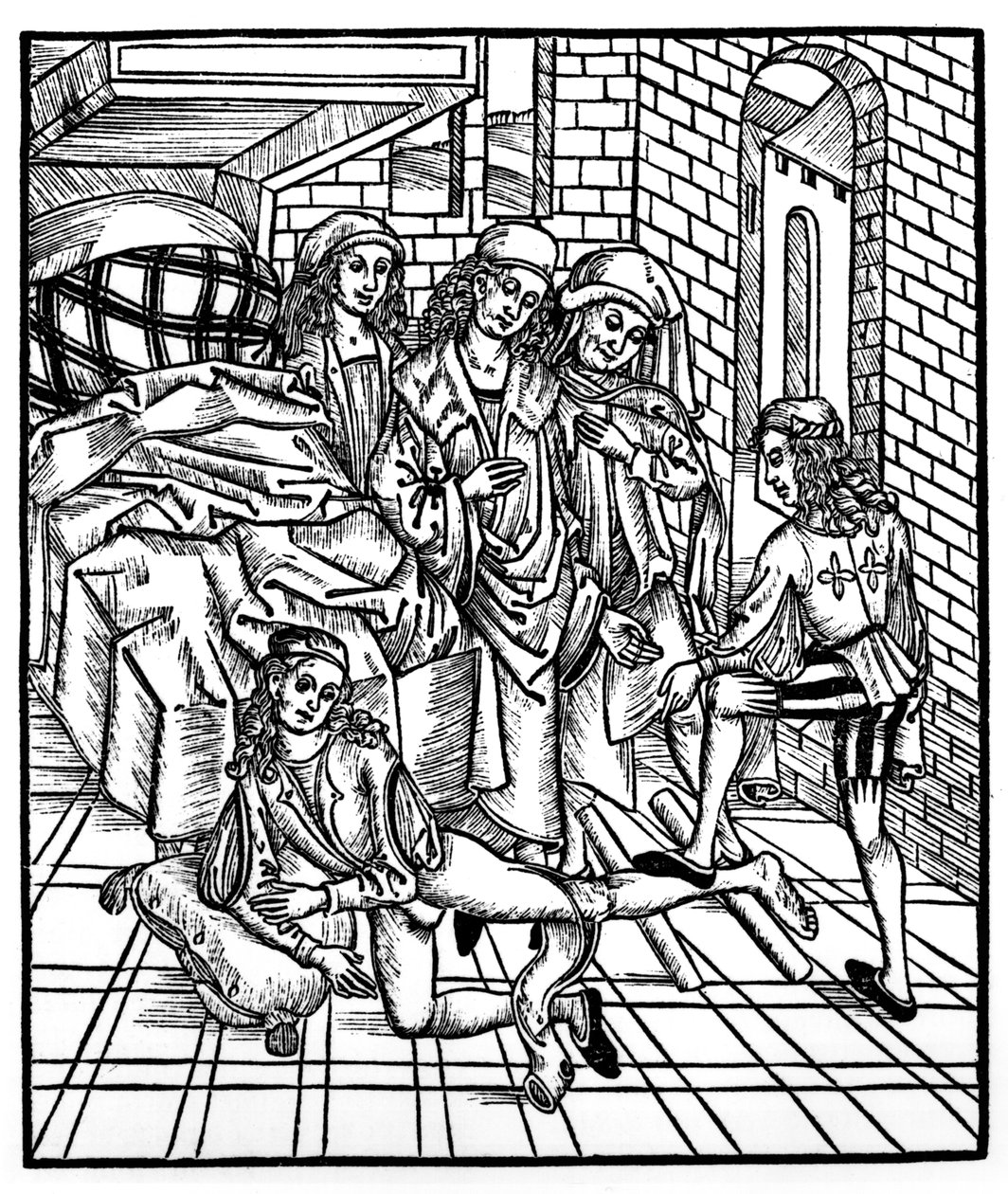 الجراح يوجه كمساعد يكسر ويعيد تعيين ساقه ، من Das Buch der Cirugia ، نشر ستراسبورج ، 1497 بواسطة هيرونيموس برونشويغ