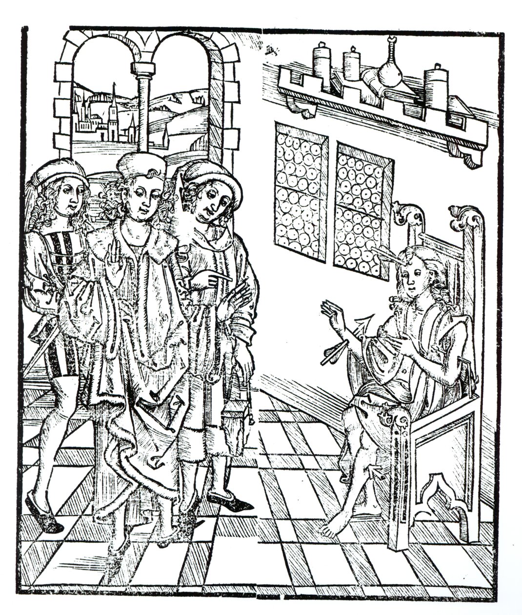 الجراح يزور رجلاً مصاباً بجروح في الأسهم ، من كتاب "Das Buch der Cirugia" ستراسبورغ ، 1497 بواسطة هيرونيموس برونشويغ