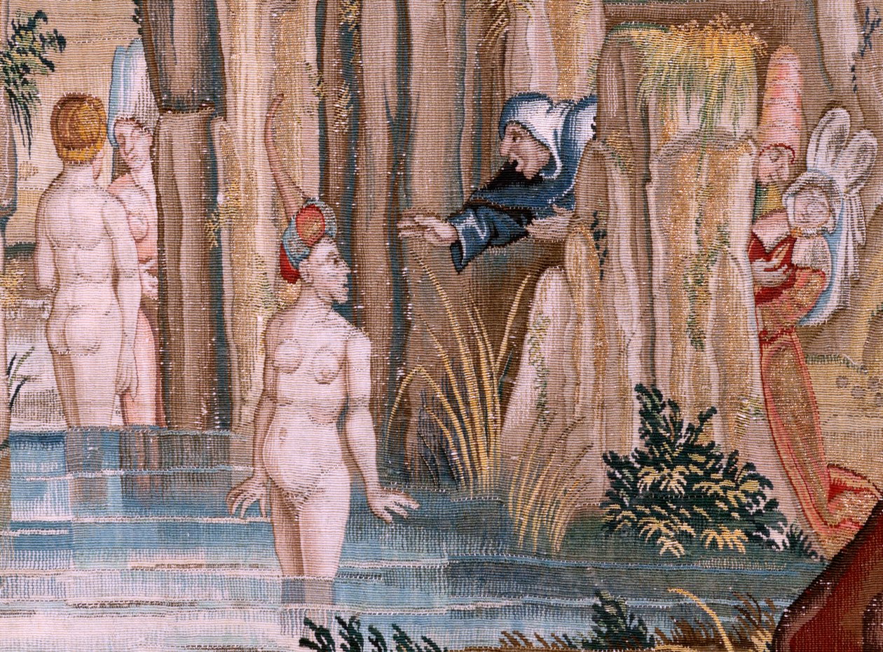 نسيج فلمنكي. سلسلة أربعة منسوجات بعد هيرونيموس بوش. القديس أنطونيوس في الصلاة (San Antonio en oración). النسيج الثاني في السلسلة. نموذج مستوحى من عمل هيرونيموس بوش. ورشة تصنيع غير معروفة ، بروكسل. قبل عام 1560. فابريك جو بواسطة هيرونيموس (بعد) بوش