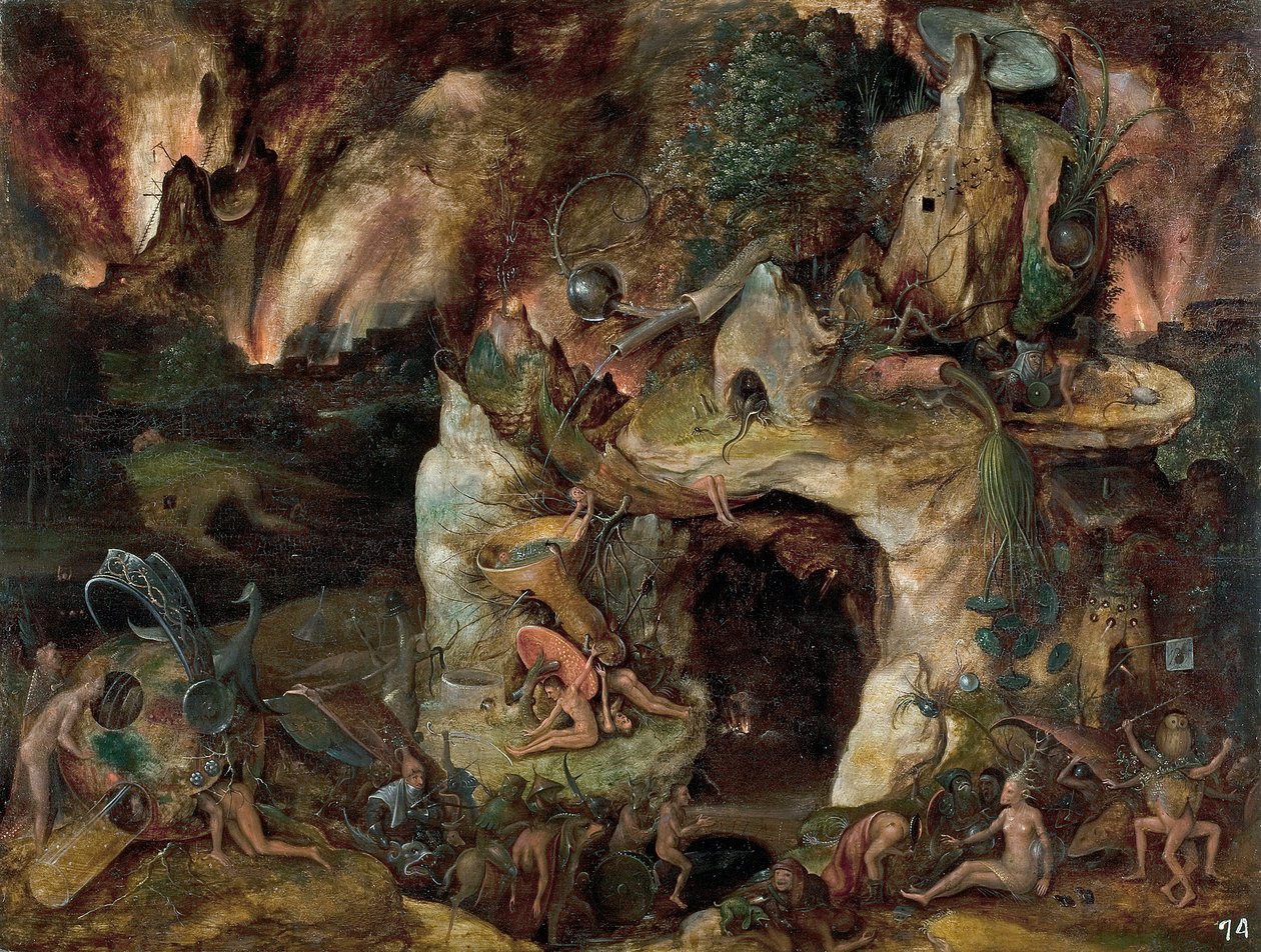 "Paysage des enfers" (منظر جهنمي) لوحة من مدرسة جيروم بوش حوالي 1561 خافت 49x64 سم متحف ديل برادو ، مدريد بواسطة هيرونيموس (مدرسة) بوش