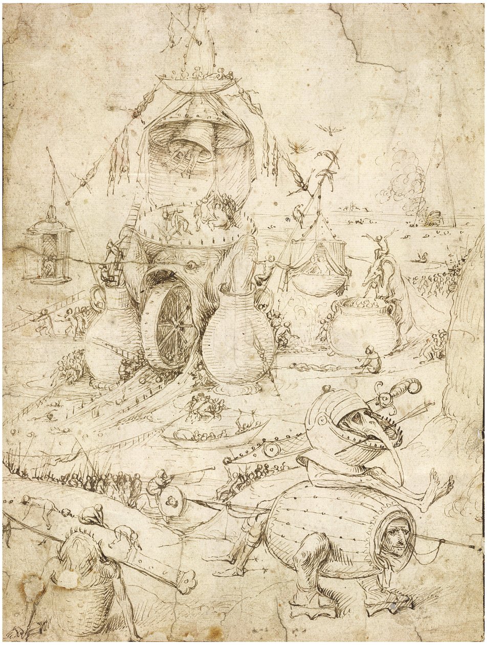 المناظر الطبيعية الجهنمية مثل بوش ، هيرونيموس (سي 1450-1516). قلم ، حبر بني هندي على ورق ، ج. 1500 مجموعة خاصة بواسطة هيرونيموس بوش