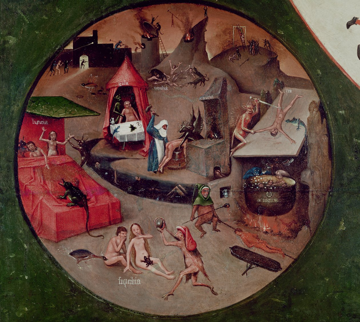 منضدية الخطايا السبع المميتة والأشياء الأربعة الأخيرة ، تفاصيل الجحيم ، حوالي 1480 (زيت على لوح) بواسطة هيرونيموس بوش