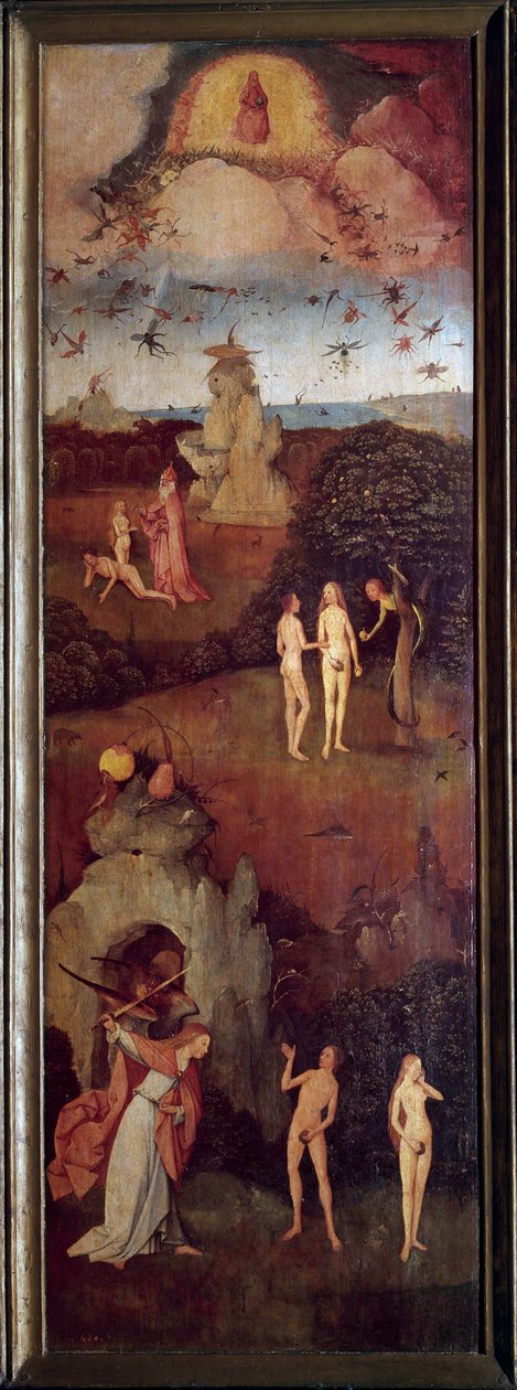 The Hay Cart The creation of Adam and Eve. They are hunted from Paradise after the original sin. Left panel of the allegorical tryptic on the Pass, the present of Hieronymus Van Aeken (Aken) called Jerome Bosch (1450-1516), about 1490. Madrid, Prado Museum بواسطة هيرونيموس بوش
