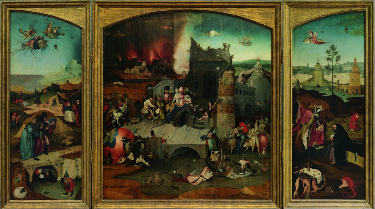 إغراء القديس أنطونيوس. استنساخ عالي الدقة من Google Art Project. كان لا بد من إعادة تشكيل الزاوية اليسرى العليا بواسطة هيرونيموس بوش