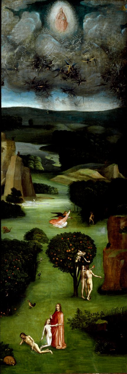 Tryptic of the Last Judgement (Das Weltgerichts-Triptychon): left panel representing Adam and Eve in Paradise. From bottom to top: the creation (birth) of Eve, the temptation of Adam and Eve (original sin) and their expulsion from the Garden of Eden. Top:  بواسطة هيرونيموس بوش