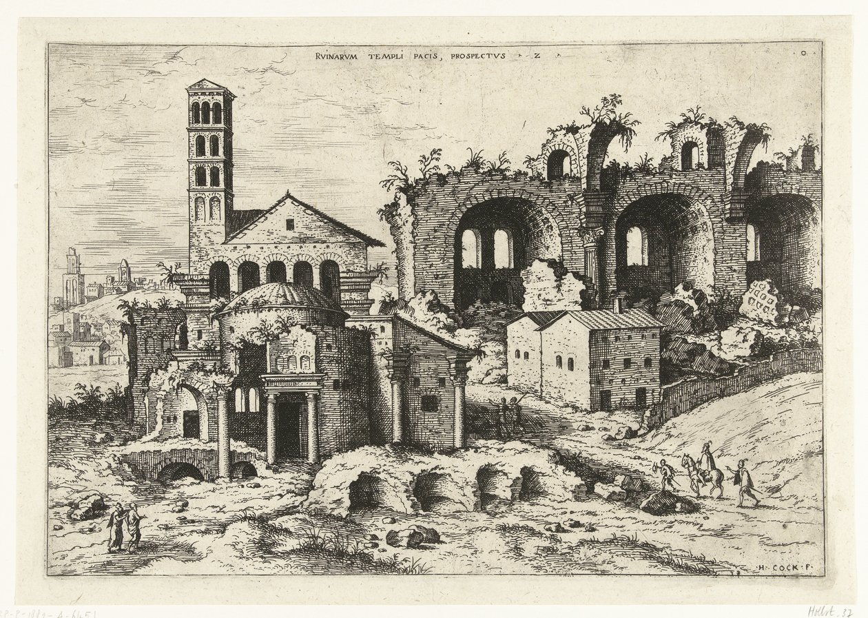 منظر لمعبد رومولوس وكنيسة قسنطينة Rvinarvm Templi Pacis (...) (العنوان على الكائن) الآثار الرومانية (عنوان السلسلة) بواسطة هيرونيموس كوك