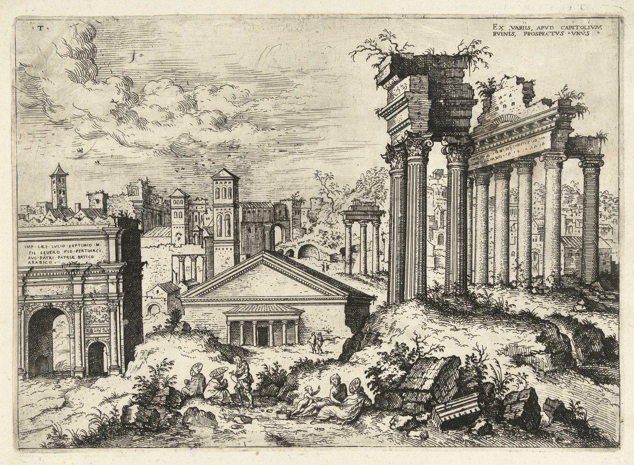 منظر للمنتدى الروماني من مبنى الكابيتول المتغيرات السابقة ، apvd capitolvm rvinis (...) (العنوان على الكائن) الآثار الرومانية (عنوان السلسلة) بواسطة هيرونيموس كوك
