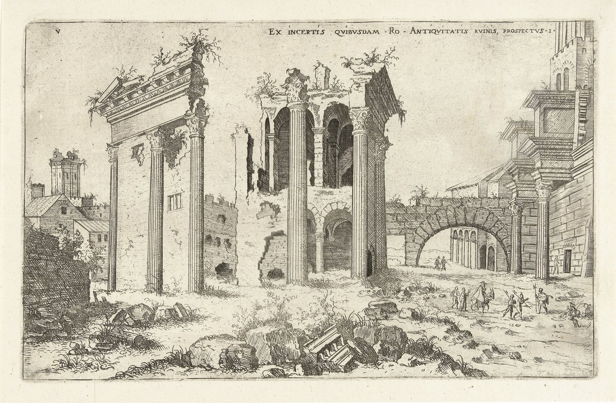 Gezicht op het Forum van Nerva Ex incertis qvibvsdam Ro Antiqvitatis Rvinis (...) (العنوان على الكائن) الآثار الرومانية (عنوان المسلسل) بواسطة هيرونيموس كوك