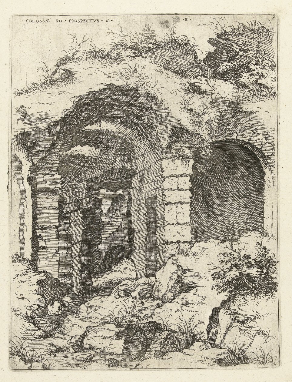 المنظر السادس للكولوسيوم في روما Colossæi إلى البحث مقابل 6 (العنوان على الكائن) الآثار الرومانية (عنوان السلسلة) بواسطة هيرونيموس كوك