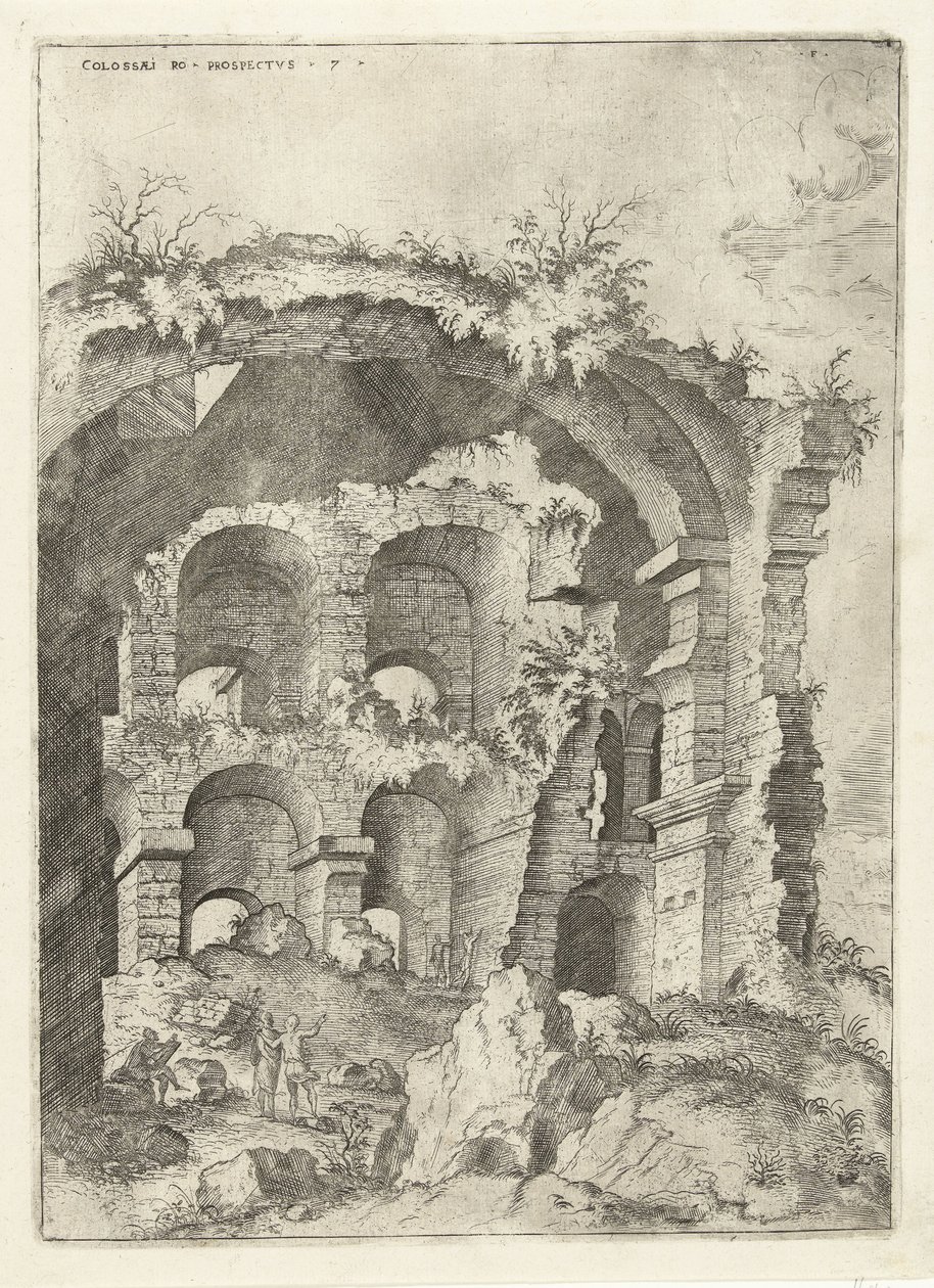 المنظر السابع للكولوسيوم في روما Colossæi إلى التنقيب مقابل 7 (العنوان على الكائن) الآثار الرومانية (عنوان السلسلة) بواسطة هيرونيموس كوك
