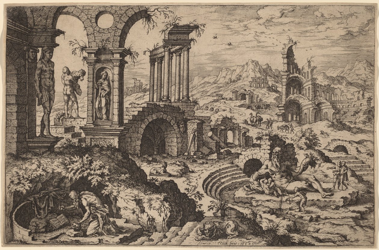 القديس جيروم في منظر طبيعي به أطلال بواسطة هيرونيموس كوك بعد Maerten van Heemskerck